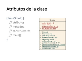 Atributos	de	la	clase
class	Circulo {
//	atributos
//	métodos
//	constructores
//	main()
}
 