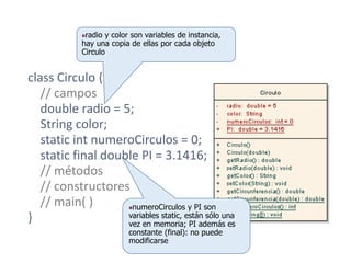 class	Circulo {
//	campos
double	radio	=	5;
String	color;
static	int numeroCirculos =	0;
static	final	double	PI	=	3.1416;
//	métodos
//	constructores
//	main(	)
}
nradio y color son variables de instancia,
hay una copia de ellas por cada objeto
Circulo
nnumeroCirculos y PI son
variables static, están sólo una
vez en memoria; PI además es
constante (final): no puede
modificarse
 