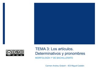 TEMA 3: Los artículos.
Determinativos y pronombres
MORFOLOGÍA 1º DE BACHILLERATO
Carmen Andreu Gisbert – IES Miguel Catalán
 