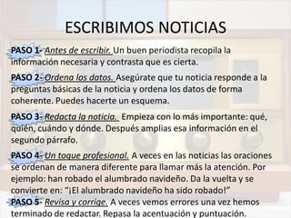 ESCRIBIMOS NOTICIAS
PASO 1- Antes de escribir. Un buen periodista recopila la
información necesaria y contrasta que es cierta.
PASO 2- Ordena los datos. Asegúrate que tu noticia responde a la
preguntas básicas de la noticia y ordena los datos de forma
coherente. Puedes hacerte un esquema.
PASO 3- Redacta la noticia. Empieza con lo más importante: qué,
quién, cuándo y dónde. Después amplias esa información en el
segundo párrafo.
PASO 4- Un toque profesional. A veces en las noticias las oraciones
se ordenan de manera diferente para llamar más la atención. Por
ejemplo: han robado el alumbrado navideño. Da la vuelta y se
convierte en: “¡El alumbrado navideño ha sido robado!”
PASO 5- Revisa y corrige. A veces vemos errores una vez hemos
terminado de redactar. Repasa la acentuación y puntuación.
 