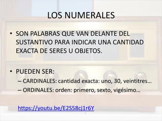 LOS NUMERALES
• SON PALABRAS QUE VAN DELANTE DEL
SUSTANTIVO PARA INDICAR UNA CANTIDAD
EXACTA DE SERES U OBJETOS.
• PUEDEN SER:
– CARDINALES: cantidad exacta: uno, 30, veintitres…
– ORDINALES: orden: primero, sexto, vigésimo…
https://youtu.be/E2S58cj1r6Y
 