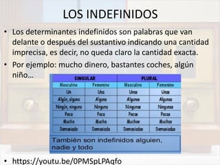 LOS INDEFINIDOS
• Los determinantes indefinidos son palabras que van
delante o después del sustantivo indicando una cantidad
imprecisa, es decir, no queda claro la cantidad exacta.
• Por ejemplo: mucho dinero, bastantes coches, algún
niño…
• https://youtu.be/0PMSpLPAqfo
 