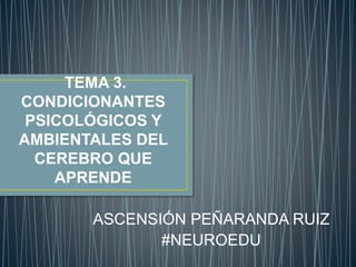 TEMA 3.
CONDICIONANTES
PSICOLÓGICOS Y
AMBIENTALES DEL
CEREBRO QUE
APRENDE
ASCENSIÓN PEÑARANDA RUIZ
#NEUROEDU
 