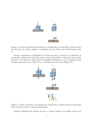 Figura 4: a) Fuerza normal sobre un objeto en el diagrama de cuerpo libre. b) Par acción-
reacción para la normal cuando se consideran los dos objetos que interaccionan entre
sí.
Cuando consideramos combinadas las fuerzas de peso y normal en el diagrama de
cuerpo libre (Figura 5a) vemos que ambas tienen igual módulo y dirección, pero sentido
contrario. Ya se puede ir viendo cómo se simplica el diagrama si no se consideran todos
los pares generados por la Tercera Ley y los objetos que las crean (Figura 5b).
Figura 5: a) Peso y normal en un diagrama de cuerpo libre. b) Pares acción-reacción para
todas las interacciones y cuerpos involucrados.
Cuando analizamos las fuerzas de peso y normal tenemos que ambas poseen una
7
 