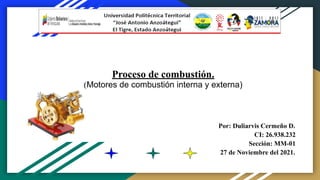 Por: Duliarvis Cermeño D.
CI: 26.938.232
Sección: MM-01
27 de Noviembre del 2021.
Proceso de combustión.
(Motores de combustión interna y externa)
 