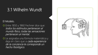 3.1 Wilhelm Wundt
El Modelo.
 Entre 1850 y 1860 Fechner dice que:
todos los estímulos pertenecen al
mundo físico, todas las sensaciones
pertenecen al mental.
 Le asignaba una fórmula matemática y
deja en claro que a cada experiencia
de la conciencia le corresponde un
hecho fisiológico.
 