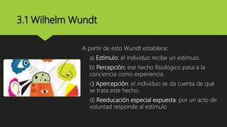 3.1 Wilhelm Wundt
A partir de esto Wundt establece:
a) Estímulo: el individuo recibe un estímulo.
b) Percepción: ese hecho fisiológico pasa a la
conciencia como experiencia.
c) Apercepción: el individuo se da cuenta de qué
se trata este hecho.
d) Reeducación especial expuesta: por un acto de
voluntad responde al estímulo
 
