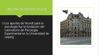 Aportes de Wilhelm Wundt
Los aportes de Wundt para la
psicología fue la fundación del
Laboratorio de Psicología
Experimental en la Universidad de
Leipzig.
 