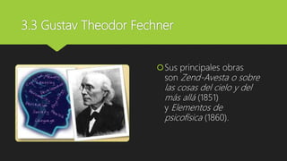 3.3 Gustav Theodor Fechner
Sus principales obras
son Zend-Avesta o sobre
las cosas del cielo y del
más allá (1851)
y Elementos de
psicofísica (1860).
 