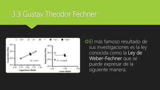3.3 Gustav Theodor Fechner
El más famoso resultado de
sus investigaciones es la ley
conocida como la Ley de
Weber-Fechner que se
puede expresar de la
siguiente manera:
 