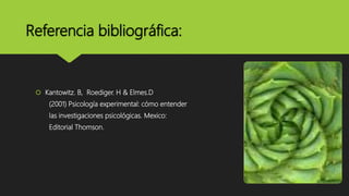 Referencia bibliográfica:
 Kantowitz. B, Roediger. H & Elmes.D
(2001) Psicología experimental: cómo entender
las investigaciones psicológicas. Mexico:
Editorial Thomson.
 
