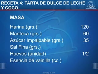 RECETA 4: TARTA DE DULCE DE LECHE
Y COCO
MASA
Harina (grs.) 120
Manteca (grs.) 60
Azúcar Impalpable (grs.) 35
Sal Fina (grs.)
Huevos (unidad) 1/2
Esencia de vainilla (cc.)
 