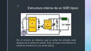 z
Estructura interna de un SSR típico
De el circuito se observa que la señal de entrada está
aislada de la señal de salida. Esto se logra convirtiendo la
señal de entrada en una señal óptica.
 