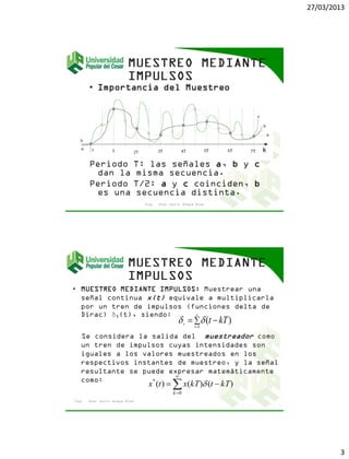 27/03/2013
3
• Importancia del Muestreo
Periodo T: las señales a, b y c
dan la misma secuencia.
Periodo T/2: a y c coinciden, b
es una secuencia distinta.
Ing. Jhon Jairo Anaya Díaz
• MUESTREO MEDIANTE IMPULSOS: Muestrear una
señal continua x(t) equivale a multiplicarla
por un tren de impulsos (funciones delta de
Dirac) δT(t), siendo:
Se considera la salida del muestreador como
un tren de impulsos cuyas intensidades son
iguales a los valores muestreados en los
respectivos instantes de muestreo, y la señal
resultante se puede expresar matemáticamente
como:
Ing. Jhon Jairo Anaya Díaz




0
*
)()()(
k
kTtkTxtx 



 0
)(k
T
kTt
 