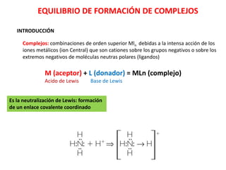 EQUILIBRIO DE FORMACIÓN DE COMPLEJOS
INTRODUCCIÓN
Complejos: combinaciones de orden superior Mln debidas a la intensa acción de los
iones metálicos (ion Central) que son cationes sobre los grupos negativos o sobre los
extremos negativos de moléculas neutras polares (ligandos)
M (aceptor) + L (donador) = MLn (complejo)
Acido de Lewis Base de Lewis
Es la neutralización de Lewis: formación
de un enlace covalente coordinado
 