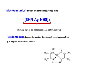 Monodentados: donan un par de electrones, NH3
[3HN-Ag-NH3]+
Primera esfera de coordinación o esfera interna
Polidentados: dos o más puntos de unión al átomo central, lo
que origina estructuras cíclicas.
 