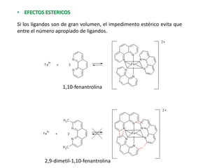 • EFECTOS ESTERICOS
Si los ligandos son de gran volumen, el impedimento estérico evita que
entre el número apropiado de ligandos.
1,10-fenantrolina
2,9-dimetil-1,10-fenantrolina
 