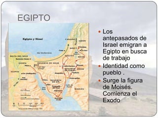 EGIPTO
          Los
           antepasados de
           Israel emigran a
           Egipto en busca
           de trabajo
          Identidad como
           pueblo .
          Surge la figura
           de Moisés.
           Comienza el
           Exodo
 