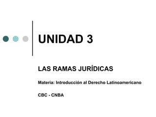 UNIDAD 3
LAS RAMAS JURÍDICAS
Materia: Introducción al Derecho Latinoamericano
CBC - CNBA
 