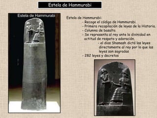 Estela de Hammurabi

Estela de Hammurabi
                      Estela de Hammurabi:
                                - Recoge el código de Hammurabi.
                                - Primera recopilación de leyes de la Historia.
                                - Columna de basalto.
                                - Se representa al rey ante la divinidad en
                                  actitud de respeto y adoración.
                                          - el dios Shamash dictó las leyes
                                           directamente al rey por lo que las
                                           leyes son sagradas
                                - 282 leyes y decretos
 