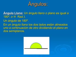 Ángulos: Ángulo Llano:   Un ángulo llano o plano es igual a 180º, o  π   Rad.). Un ángulo de 180º. En un ángulo llano los dos lados están alineados uno a continuación de otro dividiendo el plano en dos semiplanos. 