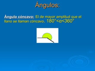 Ángulos: Ángulo cóncavo:   El de mayor amplitud que el llano se llaman cóncavo . 180°< α <360° 