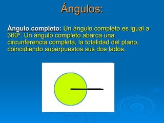 Ángulos: Ángulo completo:   Un ángulo completo es igual a 360º. Un ángulo completo abarca una circunferencia completa, la totalidad del plano, coincidiendo superpuestos sus dos lados. 