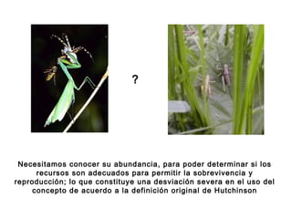 Necesitamos conocer su abundancia, para poder determinar si los
recursos son adecuados para permitir la sobrevivencia y
reproducción; lo que constituye una desviación severa en el uso del
concepto de acuerdo a la definición original de Hutchinson
?
 