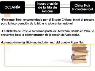 -Policarpo Toro, encomendado por el Estado Chileno, inició el proceso
para la incorporación de la Isla a la soberanía nacional.

-En 1888 Isla de Pascua conforma parte del territorio, siendo en 1926, se
encuentra bajo la administración de la región de Valparaíso.

-La anexión no significó una inclusión real del pueblo Rapa Nui.
 
