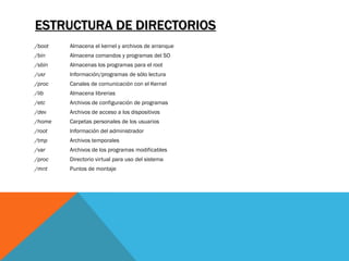 ESTRUCTURA DE DIRECTORIOS
/boot   Almacena el kernel y archivos de arranque
/bin    Almacena comandos y programas del SO
/sbin   Almacenas los programas para el root
/usr    Información/programas de sólo lectura
/proc   Canales de comunicación con el Kernel
/lib    Almacena librerias
/etc    Archivos de configuración de programas
/dev    Archivos de acceso a los dispositivos
/home   Carpetas personales de los usuarios
/root   Información del administrador
/tmp    Archivos temporales
/var    Archivos de los programas modificables
/proc   Directorio virtual para uso del sistema
/mnt    Puntos de montaje
 