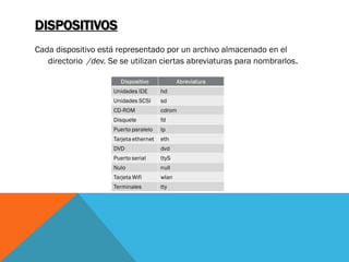 DISPOSITIVOS
Cada dispositivo está representado por un archivo almacenado en el
   directorio /dev. Se se utilizan ciertas abreviaturas para nombrarlos.
 