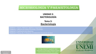 UNIDAD 3:
BACTERIOLOGÍA
Tema 3:
Bacteriología
Dr. Abg. Gabriel P. Layedra R. MsC.
Especialista en Infectología y Medicina Tropical
MsC Criminalística, Infectólogo – Perito, Legista
Actualizado hasta
20/Jul/2021
Subtema 1: Historia, Definición, Objetivos e Importancia.
Subtema 2: Diferencia de células Procariotas y Eucariotas.
Subtema 3: Clasificación de las Bacterias.
Subtema 4: Práctica No. 9 Interpretar el fundamento de la tinción de Gram.
1
 