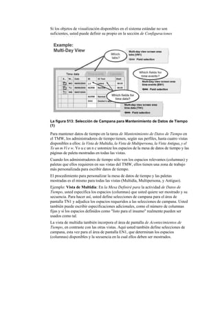 Si los objetos de visualización disponibles en el sistema estándar no son
suficientes, usted puede definir su propio en la sección de Configuraciones
Básica del IMG.




La figura 513: Selección de Campana para Mantenimiento de Datos de Tiempo
(1)

Para mantener datos de tiempo en la tarea de Mantenimiento de Datos de Tiempo en
el TMW, los administradores de tiempo tienen, según sus perfiles, hasta cuatro vistas
disponibles a ellos: la Vista de Multidía, la Vista de Multipersona, la Vista Antigua, y el
Te un m Vi e w. Yo u c un n c ustomize los espacios de la mesa de datos de tiempo y las
páginas de paleta mostradas en todas las vistas.
Cuando los administradores de tiempo sólo ven los espacios relevantes (columnas) y
paletas que ellos requieren en sus vistas del TMW, ellos tienen una zona de trabajo
más personalizada para escribir datos de tiempo.
El procedimiento para personalizar la mesa de datos de tiempo y las paletas
mostradas es el mismo para todas las vistas (Multidía, Multipersona, y Antiguo).
Ejemplo: Vista de Multidía: En la Mesa Definiré para la actividad de Datos de
Tiempo, usted especifica los espacios (columnas) que usted quiere ser mostrado y su
secuencia. Para hacer así, usted define selecciones de campana para el área de
pantalla TN1 y adjudica los espacios requeridos a las selecciones de campana. Usted
también puede escribir especificaciones adicionales, como el número de columnas
fijas y si los espacios definidos como "listo para el insumo" realmente pueden ser
usados como tal.
La vista de multidía también incorpora el área de pantalla de Acontecimientos de
Tiempo, en contraste con las otras vistas. Aquí usted también define selecciones de
campana, esta vez para el área de pantalla EN1, que determinan los espacios
(columnas) disponibles y la secuencia en la cual ellos deben ser mostrados.
 