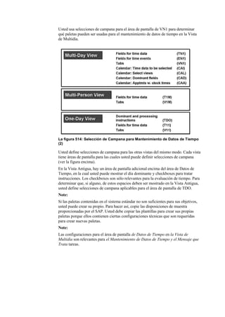 Usted usa selecciones de campana para el área de pantalla de VN1 para determinar
qué paletas pueden ser usadas para el mantenimiento de datos de tiempo en la Vista
de Multidía.




La figura 514: Selección de Campana para Mantenimiento de Datos de Tiempo
(2)

Usted define selecciones de campana para las otras vistas del mismo modo. Cada vista
tiene áreas de pantalla para las cuales usted puede definir selecciones de campana
(ver la figura encima).
En la Vista Antigua, hay un área de pantalla adicional encima del área de Datos de
Tiempo, en la cual usted puede mostrar el día dominante y checkboxes para tratar
instrucciones. Los checkboxes son sólo relevantes para la evaluación de tiempo. Para
determinar que, si alguno, de estos espacios deben ser mostrado en la Vista Antigua,
usted define selecciones de campana aplicables para el área de pantalla de TDO.
Note:
Si las paletas contenidas en el sistema estándar no son suficientes para sus objetivos,
usted puede crear su propio. Para hacer así, copie las disposiciones de muestra
proporcionadas por el SAP. Usted debe copiar las plantillas para crear sus propias
paletas porque ellos contienen ciertas configuraciones técnicas que son requeridas
para crear nuevas paletas.
Note:
Las configuraciones para el área de pantalla de Datos de Tiempo en la Vista de
Multidía son relevantes para el Mantenimiento de Datos de Tiempo y el Mensaje que
Trata tareas.
 