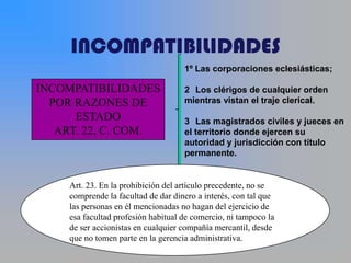 INCOMPATIBILIDADES
                                     1º Las corporaciones eclesiásticas;

INCOMPATIBILIDADES                   2 Los clérigos de cualquier orden
  POR RAZONES DE                     mientras vistan el traje clerical.
      ESTADO                         3 Las magistrados civiles y jueces en
   ART. 22, C. COM.                  el territorio donde ejercen su
                                     autoridad y jurisdicción con título
                                     permanente.


     Art. 23. En la prohibición del artículo precedente, no se
     comprende la facultad de dar dinero a interés, con tal que
     las personas en él mencionadas no hagan del ejercicio de
     esa facultad profesión habitual de comercio, ni tampoco la
     de ser accionistas en cualquier compañía mercantil, desde
     que no tomen parte en la gerencia administrativa.
 