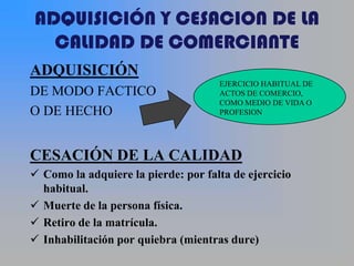 ADQUISICIÓN Y CESACION DE LA
  CALIDAD DE COMERCIANTE
ADQUISICIÓN
                                     EJERCICIO HABITUAL DE
DE MODO FACTICO                      ACTOS DE COMERCIO,
                                     COMO MEDIO DE VIDA O
O DE HECHO                           PROFESION




CESACIÓN DE LA CALIDAD
 Como la adquiere la pierde: por falta de ejercicio
  habitual.
 Muerte de la persona física.
 Retiro de la matrícula.
 Inhabilitación por quiebra (mientras dure)
 