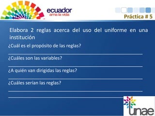 Práctica # 5 
Elabora 2 reglas acerca del uso del uniforme en una 
institución 
¿Cuál es el propósito de las reglas? 
____________________________________________________ 
¿Cuáles son las variables? 
____________________________________________________ 
¿A quién van dirigidas las reglas? 
____________________________________________________ 
¿Cuáles serían las reglas? 
____________________________________________________ 
____________________________________________________ 
 