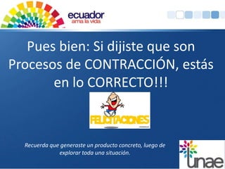 Pues bien: Si dijiste que son 
Procesos de CONTRACCIÓN, estás 
en lo CORRECTO!!! 
Recuerda que generaste un producto concreto, luego de 
explorar toda una situación. 
