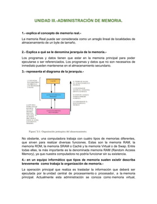 UNIDAD III.-ADMINISTRACIÓN DE MEMORIA.
1.- explica el concepto de memoria real.-
La memoria Real puede ser considerada como un arreglo lineal de localidades de
almacenamiento de un byte de tamaño.
2.- Explica a qué se le denomina jerarquía de la memoria.-
Los programas y datos tienen que estar en la memoria principal para poder
ejecutarse o ser referenciados. Los programas y datos que no son necesarios de
inmediato pueden mantenerse en el almacenamiento secundario.
3.- representa el diagrama de la jerarquía.-
No obstante, una computadora trabaja con cuatro tipos de memorias diferentes,
que sirven para realizar diversas funciones. Estas son la memoria RAM, la
memoria ROM, la memoria SRAM o Caché y la memoria Virtual o de Swap. Entre
todas ellas, la más importante es la denominada memoria RAM (Random Access
Memory), ya que nuestra computadora no podría funcionar sin su existencia.
4.- en un equipo informático que tipos de memoria suelen existir describa
brevemente como trabaja la organización de memoria.-
La operación principal que realiza es trasladar la información que deberá ser
ejecutada por la unidad central de procesamiento o procesador, a la memoria
principal. Actualmente esta administración se conoce como memoria virtual,
 