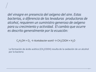 del vinagre en presencia del oxígeno del aire. Estas
bacterias, a diferencia de las levaduras productoras de
alcohol, requieren un suministro generoso de oxígeno
para su crecimiento y actividad. El cambio que ocurre
es descrito generalmente por la ecuación:
La formación de ácido acético (CH3COOH) resulta de la oxidación de un alcohol
por la bacteria
C2H5OH + O2 → Acetobacter acetil → CH3COOH + H2O
36
 