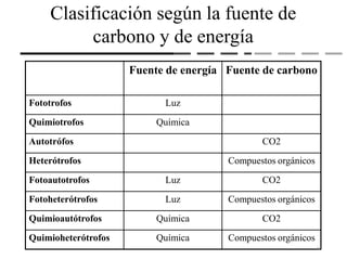 Clasificación según la fuente de
carbono y de energía
Fuente de energía Fuente de carbono
Fototrofos Luz
Quimiotrofos Química
Autotrófos CO2
Heterótrofos Compuestos orgánicos
Fotoautotrofos Luz CO2
Fotoheterótrofos Luz Compuestos orgánicos
Quimioautótrofos Química CO2
Quimioheterótrofos Química Compuestos orgánicos
6
 