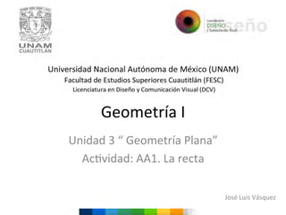 Geometría	
  I	
  
Unidad	
  3	
  “	
  Geometría	
  Plana”	
  
Ac6vidad:	
  AA1.	
  La	
  recta	
  
José	
  Luis	
  Vásquez	
  

 