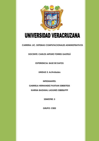 2005672-534035<br />CARRERA: LIC. SISTEMAS COMPUTACIONALES ADMINISTRATIVOS<br />DOCENTE: CARLOS ARTURO TORRES GASTELÚ<br />EXPERIENCIA: BASE DE DATOS<br />UNIDAD 3: Actividades<br />INTEGRANTES:<br />GABRIELA HERNANDEZ PAXTIAN S08007035<br />KARINA BAIZABAL LAGUNES S08006999<br />SEMESTRE: 5<br />GRUPO: C002<br />Índice<br />Introducción…………………………………………………………………..…….1<br />Enunciado del problema………………………………………………….….…...2<br />Supuestos ………………………………………………………………….…….....4<br />Diagrama entidad relación………………………………………………………..5<br />Funciones usuarios ……………………………………………………………….6<br />Privilegios…………………………………………………………………….……...7<br />Escenario 1……………………………………………………………………….….8<br />Escenario 2……………………………………………………………………….….9<br />Reporte 1……………………………………………………………………………10<br />Escenario 3…………………………………………………………………………11<br />Reporte 2……………………………………………………………………………12<br />Escenario 4…………………………………………………………………………13<br />Reporte 3….………………………………………………………………...………14<br />Escenario 5…………………………………………………………………………15<br />Reporte 4……………………………………………………………………………16<br />Registros para nuestra base de datos………………………………………...17<br />Conclusión…………………………………………………………………………18<br />Bibliografía…………………………………………………………………………19<br />Introducción<br />Este trabajo nos muestra las actividades que se llevan a cabo dentro de una granja ganadera.<br />Se puede decir que, los animales que habitan dentro de la misma, tienden a correr ciertos riesgos más que nada de salud, ya sea porque no se encuentran en su ambiente adecuado, los alimentos que se le suministran no son los adecuados para su organismo, o están propensos a poder contraer una enfermedad.<br />Hoy en día, los veterinarios deben prevenir cada día a cada uno de los animales, ya que si no los atienden, estos pueden empeorar y ocasionar la muerte, y con ello provocar pérdidas económicas para el gerente de la granja.<br />Por eso todos los que laboran dentro de la granja, deben de realizar correctamente su trabajo, el veterinario es el principal encargado de registrar toda la información referente a los animales, con ello el generará ciertos reportes, que soliciten ciertos departamentos para el estudio y cuidado de los animales.<br />Mas adelante, se encontrarán con toda la información que se necesita para que todo opere de manera correcta en la granja, hablaremos acerca del enunciado del problema, algunos supuestos, las funciones que realizan cada uno de los departamentos, y aquellas personas que pueden tener acceso al manejo del sistema y quienes no.<br />1<br />-260985-38544540259001479554977765-4616454034790-461645GRANJA GANADERA<br />497776517780<br />ENUNCIADO DEL PROBLEMA<br />En una determinada granja se desea mantener la información correspondiente de la alimentación de cada uno de los animales, las enfermedades que pueden padecer, el factor ambiental que se les asignará, así como también lo que producen y la cantidad que producen.<br />Cuando se habla de alimentación, se quiere dar a entender que cada animal de la granja se someterá a una dieta en específica, esta dieta contiene alimentos los cuales están compuestos por nutrientes. El veterinario será el encargado de realizar un reporte del estado de salud de los animales, si en este caso esta enfermo por tomar algún alimento contaminado o la dieta  no es la adecuada para su organismo, ese reporte el lo envía al departamento de nutrición, donde el nutriólogo en su laboratorio examinará los resultados de salud de cada animal, y así podrá elaborar una nueva dieta, con nuevos alimentos y con nuevos nutrientes.  Al terminar,  el envía al veterinario las nuevas dietas, la fecha y hora de toma de cada dieta. El veterinario, recibe esta información nueva del nutriólogo, e inmediatamente como administrador tiene el derecho de dar de alta los datos en el  sistema, y le asigna a ciertos animales que requieren la dieta. <br />Así mismo cuando hablamos de enfermedades, se desea mantener la información de aquellos animales que pueden padecer una enfermedad, y que el veterinario como encargado necesita saber, que animales se encuentran en un estado crítico, para  poder registrarlos en el sistema, y poder atenderlos con medicamentos para su curación. <br />Los factores ambientales son muy importantes porque si el animal no se encuentra en un clima adecuado, tiende a padecer ciertas enfermedades o hasta incluso causar la muerte. Por lo tanto, antes de ser encerrados en sus establos, el veterinario como medico, les hace un chequeo y al ver como se encuentran,  les asigna un factor ambiental adecuado. Luego el se encarga de dar de alta esta información al sistema.<br />2La producción, se basa en lo que produce cada animal y la cantidad que produce, esta información es requerida por el veterinario, ya que debe de saber cuanto producen diariamente los animales, para ver si esta dando buenos resultados, y si esto es así, quiere decir que el animal se encuentra sano, pero el debe de registrar esos datos en el sistema, entonces el departamento de producción es el encargado de mandarle esa información al veterinario. 3Cuando el veterinario da de alta la información, le regresa al departamento de producción un reporte, el cual le muestre los animales que están sanos y que por lo tanto están disponibles para que produzcan.<br />El departamento de zootecnia en cierto periodo necesita la información general de cada uno de los animales para estudiarlos, esta información general, es proporcionada mediante un reporte que le genera el veterinario, ya que es el quien tiene toda la información bajo control.<br />En fin todos los movimientos que se generan dentro de la granja, tienen que ser registrados en el sistema, ya que toda esa información es requerida por uno o varios usuarios que laboran dentro de la misma. <br />SUPUESTOS<br />Supuesto 1. Un animal pertenece a un solo tipo, y un tipo de animal puede pertenecer a varios animales.<br />Supuesto 2. Un animal puede producir uno o varios productos, y un producto lo puede producir uno o varios animales.<br />Se desea guardar información de lo que producen y la cantidad que producen cada uno de los animales de la granja.<br />Supuesto 3. Un animal tiene solo un factor ambiental, y un factor ambiental puede ser asignado a uno o varios animales.<br />Supuesto 4. Un animal puede tener una o varias enfermedades, y una enfermedad la puede padecer uno o varios animales.<br />Supuesto 5. Se desea guardar información de las enfermedades que padecen los animales dentro de la granja.<br />Supuesto 5. Un animal tiene una sola raza, y una raza puede pertenecer a uno o varios animales.<br />Supuesto 6: Cada uno de los animales tiene un código asociado que puede ir impreso bien en la oreja o bien en el lomo.<br />Supuesto 7: Una dieta se establece para un animal y no para todos los animales de la misma especie. Si bien, una misma dieta puede ser seguida al mismo tiempo por varios animales de la granja.<br />Supuesto 8: Cada animal sigue una y sólo una dieta a la vez.<br />Supuesto 9: Una dieta no existe en el sistema de información hasta que nos e establece como mínimo para un animal.<br />Supuesto 10: Se desea guardar información histórica sobre todas las dietas que han seguido los animales.<br />Supuesto 11: Se desea mantener información de los nutrientes sean o no necesitados por los animales de la granja.<br />Supuesto 12: Se entiende por una dieta al conjunto de alimentos que recibe el animal a lo largo del día, los cuales son ingeridos en diferente toma. <br />4<br />Supuesto 13: Las dietas constituidas por un conjunto de alimentos o productos alimenticios que contienen los nutrientes que necesitan los animales en su alimentación.<br />-12763570485<br />5<br />USUARIOS<br />Departamento: VeterinariaEncargado: VeterinarioFunción405384014605Llevar un buen control de los animales de la granja ganadera ya sean nacidos dentro de esta o los que son importados a la granja, prevenir que se encuentren en buen estado de salud y que no corran peligro de enfermedades,  también les asigna un factor ambiental el cual deben habitar cada uno de ellos, así como también  una utilidad dependiendo del estado en el que se encuentre cada animal. <br />Departamento: NutriciónEncargado: NutriólogoFunción4482465635Es el encargado de combinar alimentos y nutrientes que le sirvan a los animales para tener una buena alimentación, así mismo se encarga de crear las dietas a cada uno de los animales, claro dependiendo del estado en que se encuentren. Por lo tanto necesita un reporte del veterinario para saber que animales están enfermos y si necesitan una nueva dieta. <br />Departamento: GerenciaEncargado: Gerente de la granja ganaderaFunción41871903810Cuidar y velar que toda la información de la granja se encuentre correctamente, por lo tanto le pide al veterinario que le informen de cada detalle que el requiera de lo que sucede dentro de la granja ganadera, como ejemplo de la cantidad de animales con los que cuenta actualmente en la granja, la cantidad de leche que producen todas los animales de tipo bovino de sexo hembra de tal raza, etc.Departamento: ZootecniaEncargado: ZootecnistaFunción 425386533020Estudiar el fin que tiene un animal, todo lo relacionado con nutrición y con las enfermedades y factores ambientales de los animales, este departamento solo recibe los reportes del veterinario ya que así con ellos puede estudiarlos y analizar que realmente se encuentren en un buen estado.<br />6<br />Departamento: ProducciónEncargado: Jefe de ProducciónFunción4110990171450Este departamento se encarga de la ordeña y de los productos que dan cada uno de los animales, por lo tanto anotan en una bitácora la cantidad que producen y lo que produce cada animal. Después esta información es enviada al veterinario porque el necesita saber todos esos datos para poder darlos de alta en el sistema y así mismo saber si el animal esta en buenas condiciones para que siga produciendo.   <br />Privilegios<br />EncargadoAcceso al sistemaCaptura de informaciónConsultarGenerar reportesVeterinarioSi mediante su cuenta de usuarioAltas, bajas, modificacionesSi genera consultasSi genera reportesR1, R2,R3, R4NutriólogoNo permitidoNo permitidoNo permitidoNo permitidoGerenteNo permitidoNo permitidoNo permitidoNo permitidoZootecniaNopermitidoNopermitidoNopermitidoNoPermitidoProducción NopermitidoNopermitidoNopermitidoNo7permitido<br />Escenario 1.Titulo: Alta AnimalesActor: VeterinarioTarea: Dar de alta a un animalCONTEXTO  SCG (Sistema para el Control Ganadero) es un sistema de gestión de animales de granja, el cual proporciona información de cada animal, como su peso, sexo, fecha de nacimiento, tipo de animal, estado de salud, factor ambiental en que se encuentra, etc. Esto ultimo con el fin de obtener reportes que apoyen a la toma de decisiones.ESCENARIOHa llegado un nuevo animal a la granja y es necesario tener el registro de cada animal en el sistema. El veterinario es la persona responsable de llevar a cabo tal registro, para lo cual acude al sitio del animal con el fin de pesarlo, verificar su sexo, estado de salud, también determina las condiciones ambientales propicias para su buen desarrollo. Todos los datos anteriores son capturados en una bitácora antes de ser dados de alta en el SCG.Para poder dar de alta los datos del nuevo animal en el sistema, debe identificarse con su nombre de usuario y contraseña el cual se lo solicita el sistema a través de una pantalla, después de introducir dichos datos el veterinario pulsa el botón “Ingresar”.A continuación se despliega la pantalla principal del sistema y el veterinario se dirige a la opción de altas, donde a continuación pulsa la opción “Nuevo Animal”.El veterinario introduce los datos del nuevo animal anteriormente capturados, pero a la hora de intentar introducir el tipo de animal  se da cuenta que es un tipo de animal aun no definido.Lo anterior obliga al veterinario a pulsar el botón “Menú Anterior” para de nuevo pasar a la pantalla de altas y seleccionar “Nuevo Tipo de Animal”.Se despliega la pantalla de alta “Tipo de Animal”, se define ahora el nuevo tipo de animal  en el campo que dice: “Introducir nuevo tipo de animal”, se verifica la ortografía y se guardan los cambios haciendo clic en el botón guardar.De nuevo el veterinario pulsa la tecla menú anterior para regresar a la sección de altas y de ahí pulsar el botón “Nuevo Animal”. De nuevo introduce los datos del animal antes capturados, también  le asigna el tipo de animal que acaba de ser definido  para por ultimo dar clic sobre el botón “Guardar Registro”.  El sistema muestra en pantalla el mensaje “Nuevo Registro Exitoso”, lo cual le indica que la información del animal recién llegado se ha guardado en la base de datos. <br />8<br />Escenario 2.Titulo: Raza de animales BovinosActor: VeterinarioTarea: Consultar la cantidad de animales de tipo Bovino de la raza DanishPersonajes: Gerente de la granja ganadera CONTEXTOSCG (Sistema para el Control Ganadero) es un sistema de gestión de animales de granja, el cual proporciona información de cada animal, como su peso, sexo, fecha de nacimiento, raza, tipo de animal, estado de salud, factor ambiental en que se encuentra, etc. Esto ultimo con el fin de obtener reportes que apoyen a la toma de decisiones.ESCENARIOEn gerente solicita un reporte al veterinario de la cantidad de animales de tipo bovino de la raza Danish que esté sano, ya que necesita vender, por lo tanto requiere dicha información.El veterinario es la persona responsable de llevar a cabo tal consulta. Para poder consultar  la raza de los animales de tipo bovino en el sistema SCG, debe identificarse con su nombre de usuario y contraseña el cual se lo solicita el sistema a través de una pantalla, después de introducir dichos datos el veterinario pulsa el botón “Ingresar”.Para dejar en claro que para poder llevar a cabo una consulta, algunos registros que son necesarios para crearla, deben ya estar dado de altas, antes de realizar dicha consulta.A continuación se despliega la pantalla principal del sistema y el veterinario se dirige a la opción de consultas, donde a continuación pulsa la opción “Nueva Consulta”.En este caso ya tenemos dado de alta esos datos.En esta ventana de nueva consulta, realizará una operación que le calcule la cantidad de animales de tipo bovino de tal raza y que estén sanos.Después de realizar dicha consulta le da en el botón guardar.Luego da clic en  “Menú Anterior” ya que esta en esa ventana selecciona la opción de “Reportes”.Luego aparece una nueva ventana de reportes donde el usuario dará clic en la opción “Nuevo Reporte”.El usuario seleccionará los datos que necesita para crear el reporte en este caso, el código del animal, el tipo de animal, y su raza.Por ultimo, al estar todo correcto le da clic en la opción “Guardar Reporte” y el sistema le muestra  en pantalla el mensaje “Nuevo reporte exitoso”.Para finalizar el veterinario desea imprimir dicho reporte le da clic en el botón de “Imprimir”.El reporte al estar impreso será entregado al gerente de la granja tal y como lo pidió. <br />9<br />REPORTE 1Cantidad de animales de tipo bovino de la raza DanishGenerado por: VeterinarioPara: Gerente de la granja ganaderaFecha: 11 de octubre del 2010Cantidad de animalesTipo de animalRaza 47BovinoDanish<br />10<br />Escenario 3.Titulo: Animales enfermosActor: VeterinarioTarea: Consultar los animales enfermos Personajes: Nutriólogo CONTEXTOSCG (Sistema para el Control Ganadero) es un sistema de gestión de animales de granja, el cual proporciona información de cada animal, como su peso, sexo, fecha de nacimiento, raza, tipo de animal, estado de salud, factor ambiental en que se encuentra, alimentación, dietas, etc. Esto ultimo con el fin de obtener reportes que apoyen a la toma de decisiones.ESCENARIOEn veterinario quiere generar un reporte de todos los animales que se encuentran enfermos dentro de la granja, saber cuales son los síntomas que padecen y el virus que ocasiona dicha enfermedad, para ir a sus establos y curarlos.El veterinario es la persona responsable de llevar a cabo tal consulta. Para poder consultar  todos los datos del estado de los animales en el sistema SCG, el veterinario, debe identificarse con su nombre de usuario y contraseña el cual se lo solicita el sistema a través de una pantalla, después de introducir dichos datos el veterinario pulsa el botón “Ingresar”.Para dejar en claro que para poder llevar a cabo una consulta, algunos registros que son necesarios para crearla, deben ya estar dado de altas, antes de realizar dicha consulta.A continuación se despliega la pantalla principal del sistema y el veterinario se dirige a la opción de consultas, donde a continuación pulsa la opción “Nueva Consulta”.En este caso ya tenemos dado de alta esos datos.En esta ventana de nueva consulta, el usuario le pedirá al sistema que seleccione de la tabla animal, el código del animal, el tipo de animal, el nombre de la enfermedad, los síntomas, y el virus que ocasiona dicha enfermedad, los puede ordenar por tipo de animal.Después de realizar dicha consulta le da en el botón guardar.Luego da clic en  “Menú Anterior” ya que esta en esa ventana selecciona la opción de “Reportes”.Luego aparece una nueva ventana de reportes donde el usuario dará clic en la opción “Nuevo Reporte”.El usuario seleccionará los datos que necesita para crear el reporte en este caso, el código del animal, el tipo de animal, la enfermedad, los síntomas y el virus que la ocasiona.Por ultimo, al estar todo correcto le da clic en la opción “Guardar Reporte” y el sistema le muestra  en pantalla el mensaje “Nuevo reporte exitoso”.11Para finalizar el veterinario desea imprimir dicho reporte le da clic en el botón de “Imprimir”.El reporte al estar impreso será  usado por el mismo veterinario, ya que así puede ir a los establos o al habitad donde se encuentran dichos animales enfermos, identificándolos fácilmente con ese reporte, y poder curarlos de alguna enfermedad que padezcan. <br />REPORTE 2Animales enfermosGenerado por: VeterinarioPara: VeterinarioFecha: 12 de octubre del 2010Código animalTipo animalNombre enfermedadSíntomasVirus00085Avefiebre actosafiebre, erupciones en la boca y pezuñaspicornavirus00070Bovinosarna bovinapicazón, ampollas en la pielácaros, ectoparásitos,00082Bovinopiojos en bovinopicazón, irritación, mordeduras por piojosMicobacterium tuberculosis00083Caprinotuberculosis1lesiones granomatulosas órganos como pulmón, glangi os, hígadodamalinia bovis, haematopinos, linognathus, solenopotes caoillatus.<br />12<br />Escenario 4.Titulo: Consultar ambiente de los animales caprinos de raza alpinaActor: Veterinario. Tarea: Consultar el ambiente en el que habitan los animales de tipo caprino de la raza alpina.   Personaje(s): ZootecnistaCONTEXTOSCG (Sistema para el Control Ganadero) es un sistema de gestión de animales de granja, el cual proporciona información de cada animal, como su peso, sexo, fecha de nacimiento, raza, tipo de animal, estado de salud, factor ambiental en que se encuentra, alimentación, dietas, etc. Esto ultimo con el fin de obtener reportes que apoyen a la toma de decisiones.ESCENARIOEl departamento de zootecnia le pide un reporte al veterinario del ambiente en el que habitan los animales de tipo caprino, de la raza alpina. Para hacer un estudio para ver si estos animales se encuentran en ambiente correcto.El veterinario es la persona responsable de llevar a cabo tal consulta. Para poder consultar  todos los datos del estado de los animales en el sistema SCG, el veterinario, debe identificarse con su nombre de usuario y contraseña el cual se lo solicita el sistema a través de una pantalla, después de introducir dichos datos el veterinario pulsa el botón “Ingresar”.Para dejar en claro que para poder llevar a cabo una consulta, algunos registros que son necesarios para crearla, deben ya estar dado de altas, antes de realizar dicha consulta.A continuación se despliega la pantalla principal del sistema y el veterinario se dirige a la opción de consultas, donde a continuación pulsa la opción “Nueva Consulta”.En esta ventana de nueva consulta, el usuario  consultará el código del animal, el tipo de animal, la raza y el factor ambiental en el que se encuentra, como el clima, la humedad y la velocidad del aire a la que se encuentran estos tipos de animales. Se pueden ordenar por código.Por ultimo genera un reporte para el departamento de zootecnia ya que es el que requiere la información del factor ambiental de los animales.El veterinario da clic en el botón ”Menú Anterior” y selecciona la opción de “Nuevo Reporte”, selecciona los datos que quiere que lleve el reporte y le da clic en el botón “Guardar”, si desea imprimirlo se va a la opción imprimir reporte dando clic.Por ultimo al tenerlo impreso se lo envía al departamento de zootecnia.<br />13<br />REPORTE 3Ambiente de animales caprinos de la raza AlpinaGenerado por: VeterinarioPara: ZootecniaFecha: 13 de octubre del 2010Código animalTipo animalRazaClimaHumedadVelocidad aire1043CaprinoAlpinaTempladoMediaMedia1047CaprinoAlpinaTempladoMediaMedia1052CaprinoAlpinaTempladoMediaMedia1076CaprinoAlpinaTempladoMediaMedia1089CaprinoAlpinaTempladoMediaMedia1090CaprinoAlpinaTempladoMediaMedia10110CaprinoAlpinaTempladoMediaMedia10114CaprinoAlpinaTempladoMediaMedia10123CaprinoAlpinaTempladoMediaMedia10134CaprinoAlpinaTempladoMediaMedia10146CaprinoAlpinaTempladoMediaMedia<br />14<br />Escenario 5.Titulo: Consultar la cantidad de animales de tipo bovino de sexo hembra de la raza estonian que estén sanas para la ordeña.Actor: Veterinario. Tarea: Consultar la cantidad de animales de tipo bovino de sexo hembra de la raza estonian que estén sanas para la ordeña.   Personaje(s): ProducciónCONTEXTOSCG (Sistema para el Control Ganadero) es un sistema de gestión de animales de granja, el cual proporciona información de cada animal, como su peso, sexo, fecha de nacimiento, raza, tipo de animal, estado de salud, factor ambiental en que se encuentra, alimentación, dietas, etc. Esto ultimo con el fin de obtener reportes que apoyen a la toma de decisiones.ESCENARIO15El departamento de producción le pide un reporte al veterinario de las vacas de la raza estonian que estén sanas para poder ordeñarlas.El veterinario es la persona responsable de llevar a cabo tal consulta. Para poder consultar  todos los datos del estado de los animales en el sistema SCG, el veterinario, debe identificarse con su nombre de usuario y contraseña el cual se lo solicita el sistema a través de una pantalla, después de introducir dichos datos el veterinario pulsa el botón “Ingresar”.Para dejar en claro que para poder llevar a cabo una consulta, algunos registros que son necesarios para crearla, deben ya estar dado de altas, antes de realizar dicha consulta.A continuación se despliega la pantalla principal del sistema y el veterinario se dirige a la opción de consultas, donde a continuación pulsa la opción “Nueva Consulta”.En esta ventana de nueva consulta, el usuario  consultará el código del animal, el tipo de animal en este caso bovino, el sexo, en este caso hembra y la raza que sea estonian, luego debe hacer una operación que le desglose la cantidad de animales que tiene disponibles para la ordeña. Puede ordenarlo por código.Por ultimo genera un reporte para el departamento de producción  ya que es el que requiere la información del las vacas estonian que estén sanas para poder ordeñarlas.El veterinario da clic en el botón ”Menú Anterior” y selecciona la opción de “Nuevo Reporte”, selecciona los datos que quiere que lleve el reporte y le da clic en el botón “Guardar”, si desea imprimirlo se va a la opción imprimir reporte dando clic.Por ultimo al tenerlo impreso se lo envía al departamento de producción.<br />REPORTE 4Cantidad de animales de tipo bovino de sexo hembra de raza estonian que están sanasGenerado por: VeterinarioPara: Producción Fecha: 14 de octubre del 2010Cantidad de animalesTipoSexoRazaEstado50BovinoHembraestonianSano<br />16<br />Registros para nuestra base de datos<br />Código animal0001,0003, 0004, 0005, 0006, 0007, 0008, 0009, 0010, 0011, 0012, 0013, 0014, 0015, 0016, 0017, 0018, 0019, 0020, 0021, 0022, 0023, 0024, 0025, 0026, 0027, 0028, 0029, 0030, 0031, 0032, 0033, 0034, 0035, 0036, 0037, 0038, 0039, 0040, 0041, 0042, 0043, 0044, 0045, 0046, 0047, 0048, 0049,0050, 0051.RazasAngus , Ankole, Arouquesa, Aubrac, Gir, Estonian, Evolène, Fogera, Gelbvieh, Hariana, Indubrasil, Jersey Japanese, - M'bougi - Namji Doela, Dexter, Damietta, Dahomey, Curraleiro, Créole, Corse, Charolais, Cachena, Chianina, Branor, Albino, Alter, Boloñes, Bretón, Camargues, Cruzado, Falabella Tipo animalBovinoPorcinoCaprinoOvinoEquinoAveProducciónLecheHuevoFactor ambientalClima: Seco, templado, frioHumedad: Alta, Media, BajaVelocidad aire: Alta, Media, BajaUtilidadLabores del campo, domestico, reproducción, venta.Enfermedadessarna bovina, brucelosis general, gastroenteritis, fisiopatologicas generales, piojos en bovino, tuberculosis1, tuberculosis2, tuberculosis3, agente eterotexemia, carbuco bacteriano, fiebre actosa, mastitis clínicas, mastitis subclinicas, DietaFinalidadBajar de peso17Subir de peso<br />Conclusión<br />En conclusión se debe de tener en claro, que dentro de una granja todas las actividades deben realizarse correctamente, ya que así no habrá pérdidas económicas.<br />Los veterinarios como responsables de la mayor parte de las actividades de la granja, debe de registrar correctamente la información diaria que se obtiene de los animales.<br />Ya que el debe de estar en contacto con el gerente para que le informe detalladamente lo que sucede en la granja, si esta produciendo correctamente, o se están generando perdidas.<br />Bueno esperemos que este trabajo le quede un poco claro, y que no se pueda quedar con alguna duda.<br />18<br />Bibliografia<br />http:www. Razas Ovinas_ (AMCO).htm<br />http:www.Razas porcinas Universo Porcino.htm<br />http:www.Razas de Caballos_Todas las razas de caballos.htm<br />19<br />