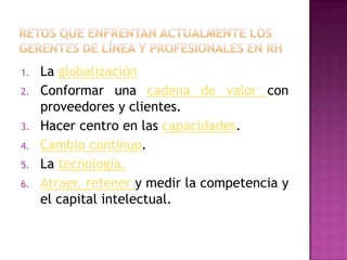 1.   La globalización
2.   Conformar una cadena de valor con
     proveedores y clientes.
3.   Hacer centro en las capacidades.
4.   Cambio continuo.
5.   La tecnología.
6.   Atraer, retener y medir la competencia y
     el capital intelectual.
 