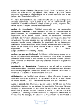 5
Condición de Disponibilidad de Contrato Escrito: Situación que distingue a los
trabajadores subordinados y remunerados, según cuenten o no con un contrato
por escrito que regule su relación laboral con la unidad económica para la que
trabajan (Ver “Contrato Laboral Escrito”).
Condición de Disponibilidad de Establecimiento: Situación que distingue a las
unidades económicas, según cuenten o no con un establecimiento, para
desarrollar su actividad económica. Incluye puesto fijo, oficina, despacho, taller,
tienda, escuela y cualquier otro tipo de establecimiento.
Acción de Capacitación: Actividad relacionada con las necesidades
institucionales, funcionales o de competencias laborales, en que la formación, el
perfeccionamiento, la complementación, son conceptos que identifican la
capacitación en el entorno laboral. Además, la capacitación comprende
actividades de instrucción extraescolar, que permite a los trabajadores desarrollar
competencias laborales acordes con una actividad, ocupación u oficio. Las
empresas podrán efectuar actividades de capacitación de sus trabajadores,
tendientes a facilitar la movilidad laboral de éstos a otras actividades productivas,
dentro de las mismas o en otras distintas. (Título III, Párrafo I, Art. 7º, del
Reglamento de la LEY Nº 19.518).
(Según Estatuto de Capacitación y Empleo) .
Acciones de reconversión laboral: Actividades e iniciativas orientadas a apoyar
la reincorporación al mercado laboral de trabajadores provenientes de sectores
productivos en declinación, o de actividades o zonas en crisis. En todos los casos
estas iniciativas son financiadas con cargo al Fondo Nacional de Capacitación
(FONCAP)
Acreditación de Competencia: Procedimiento por el cual un organismo
autorizado reconoce formalmente que una persona u organización está habilitada
técnicamente para prestar un servicio o llevar a cabo una tarea. La evidencia se
materializa en un certificado de acreditación o credencial.
Alfabetización: La Habilidad para entender y utilizar información impresa en
actividades cotidianas en el hogar, la comunidad y el trabajo. (Literacy in the
information age, OECD 2000. Citada en revista Lat.33, Abril 2003, página 43)
Áreas de capacitación: Clasificación que se ocupa en SENCE para los efectos
del análisis estadístico de las acciones de capacitación. Comprende 24 áreas
temáticas: 01.Administración; 02 Agricultura; 03 Agropecuario; 04 Alimentación,
Gastronomía y Turismo; 05 Artes, Artesanía y Gráfica; 06 Ciencias y Técnicas
Aplicadas; 07 Comercio y Servicios Financieros; 08 Computación e Informática; 09
Construcción; 10 Ecología; 11 Educación y Capacitación; 12 Electricidad y
 