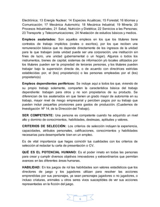 6
Electrónica; 13 Energía Nuclear; 14 Especies Acuáticas; 15 Forestal; 16 Idiomas y
Comunicación; 17 Mecánica Automotriz; 18 Mecánica Industrial; 19 Minería; 20
Procesos Industriales; 21 Salud, Nutrición y Dietética; 22 Servicios a las Personas;
23 Transporte y Telecomunicaciones; 24 Nivelación de estudios básicos y medios.
Empleos asalariados: Son aquellos empleos en los que los titulares tiene
contratos de trabajo implícitos (orales o escritos), por los que reciben una
remuneración básica que no depende directamente de los ingresos de la unidad
para la que trabajan (esta unidad puede ser una corporación, una institución sin
fines de lucro, una unidad gubernamental o un hogar). Algunos o todos los
instrumentos, bienes de capital, sistemas de información y/o locales utilizados por
los titulares pueden ser la propiedad de terceras personas, y los titulares pueden
trabajar bajo la supervisión directa de, o de acuerdo con directrices estrictas
establecidas por, el (los) propietario(s) o las personas empleadas por el (los)
propietario(s)
Empleos dependientes periféricos: Se incluye aquí a todos los que, viviendo de
su propio trabajo solamente, comparten la característica básica del trabajo
dependiente: trabajan para otros y no son propietarios de su producto. Se
diferencian de los asalariados en que tienen un grado mayor de autonomía en su
trabajo, mayor nivel de riesgo empresarial y perciben pagos por su trabajo que
pueden incluir pequeñas provisiones para gastos de producción. (Cuadernos de
Investigación Nº 14, de la Dirección del Trabajo).
SER COMPETENTE: Una persona es competente cuando ha adquirido un nivel
alto y dominio de conocimientos, habilidades, destrezas, aptitudes y valores.
CRITERIOS DE SELECCIÓN: Los criterios de selección incluyen la experiencia,
capacidades, atributos personales, calificaciones, conocimientos y habilidades
necesarias para desempeñarte bien en un empleo.
Es de vital importancia que hagas coincidir tus cualidades con los criterios de
selección al redactar tu carta de presentación o CV.
QUÉ ES EL POTENCIAL HUMANO: Es el poder innato en todas las personas
para crear y cumplir diversos objetivos innovadores y extraordinarios que permitan
avances en las diferentes áreas humanas.
HABILIDAD: En los juegos de rol las habilidades son valores estadísticos que los
directores de juego y los jugadores utilizan para resolver las acciones
emprendidas por sus personajes, ya sean personajes jugadores o no jugadores, o
incluso criaturas, animales u otros seres vivos susceptibles de ver sus acciones
representadas en la ficción del juego.
 