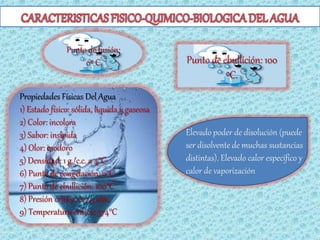 Punto de fusión:
                    0º C.                     Punto de ebullición: 100
                                                        ºC.
Propiedades Físicas Del Agua
1) Estado físico: sólida, liquida y gaseosa
2) Color: incolora
3) Sabor: insípida                            Elevado poder de disolución (puede
4) Olor: inodoro                              ser disolvente de muchas sustancias
5) Densidad: 1 g./c.c. a 4°C                  distintas). Elevado calor específico y
6) Punto de congelación: 0°C                  calor de vaporización
7) Punto de ebullición: 100°C
8) Presión critica: 217,5 atm.
9) Temperatura critica: 374°C
 