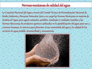 La Comisión Nacional del Agua a través del Comité Técnico de Normalización Nacional de
Medio Ambiente y Recursos Naturales, tiene a su cargo las Normas Mexicanas en materia de
Análisis de Agua, para aguas naturales, potables, residuales y residuales tratadas y las
Normas Mexicanas de productos químicos utilizados en la potabilización del agua para uso y
consumo humano, lo anterior para fomentar el uso sustentable del agua y la calidad de los
servicios de agua potable, alcantarillado y saneamiento.
 