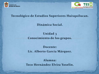 Tecnológico de Estudios Superiores Huixquilucan.
Dinámica Social.
Unidad 3
Conocimiento de los grupos.
Docente:
Lic. Alberto García Márquez.
Alumna:
Teco Hernández Elvira Yoselin.
 