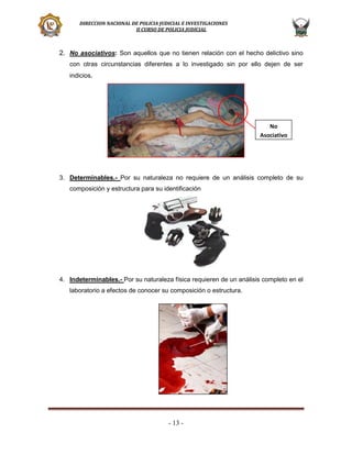 DIRECCION NACIONAL DE POLICIA JUDICIAL E INVESTIGACIONES
II CURSO DE POLICIA JUDICIAL

2. No asociativos: Son aquellos que no tienen relación con el hecho delictivo sino
con otras circunstancias diferentes a lo investigado sin por ello dejen de ser
indicios.

No
Asociativo

3. Determinables.- Por su naturaleza no requiere de un análisis completo de su
composición y estructura para su identificación

4. Indeterminables.- Por su naturaleza física requieren de un análisis completo en el
laboratorio a efectos de conocer su composición o estructura.

- 13 -

 